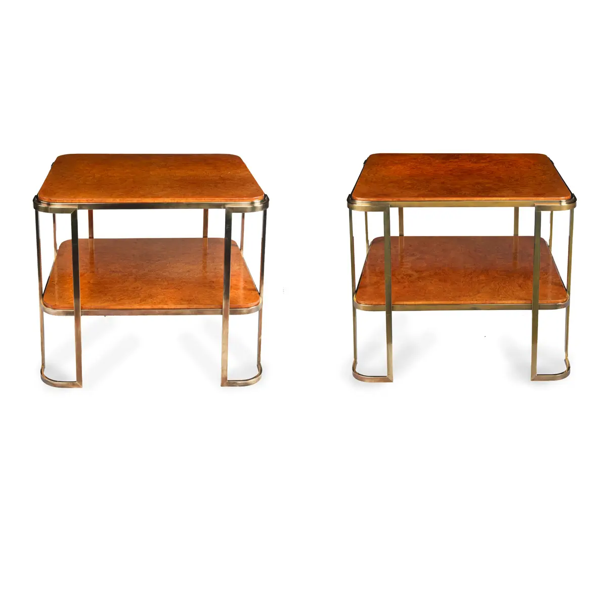 A pair of stylish Art Deco burr amboyna and bronze occasional tables