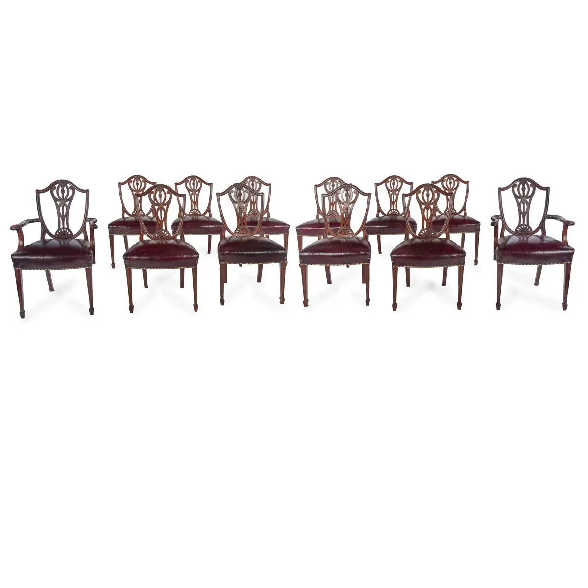A Fine Set of 12 Edwardian Mahogany Dining Chairs in the Hepplewhite