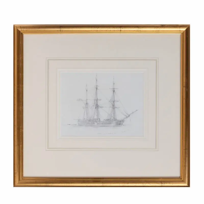An Unusual Pencil Drawing of “Canton”, a Three-Masted Whaling Ship-at