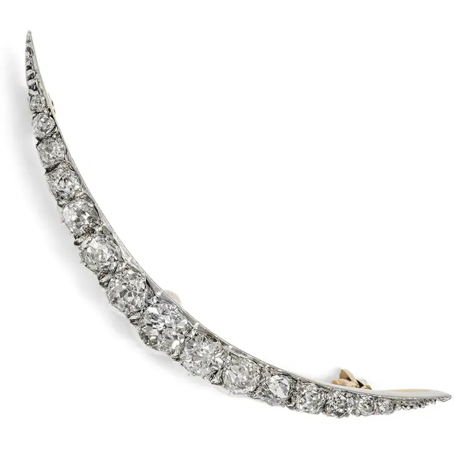 Antique Crescent Moon Brooch with Diamonds in Silver on Gold, c. 1900