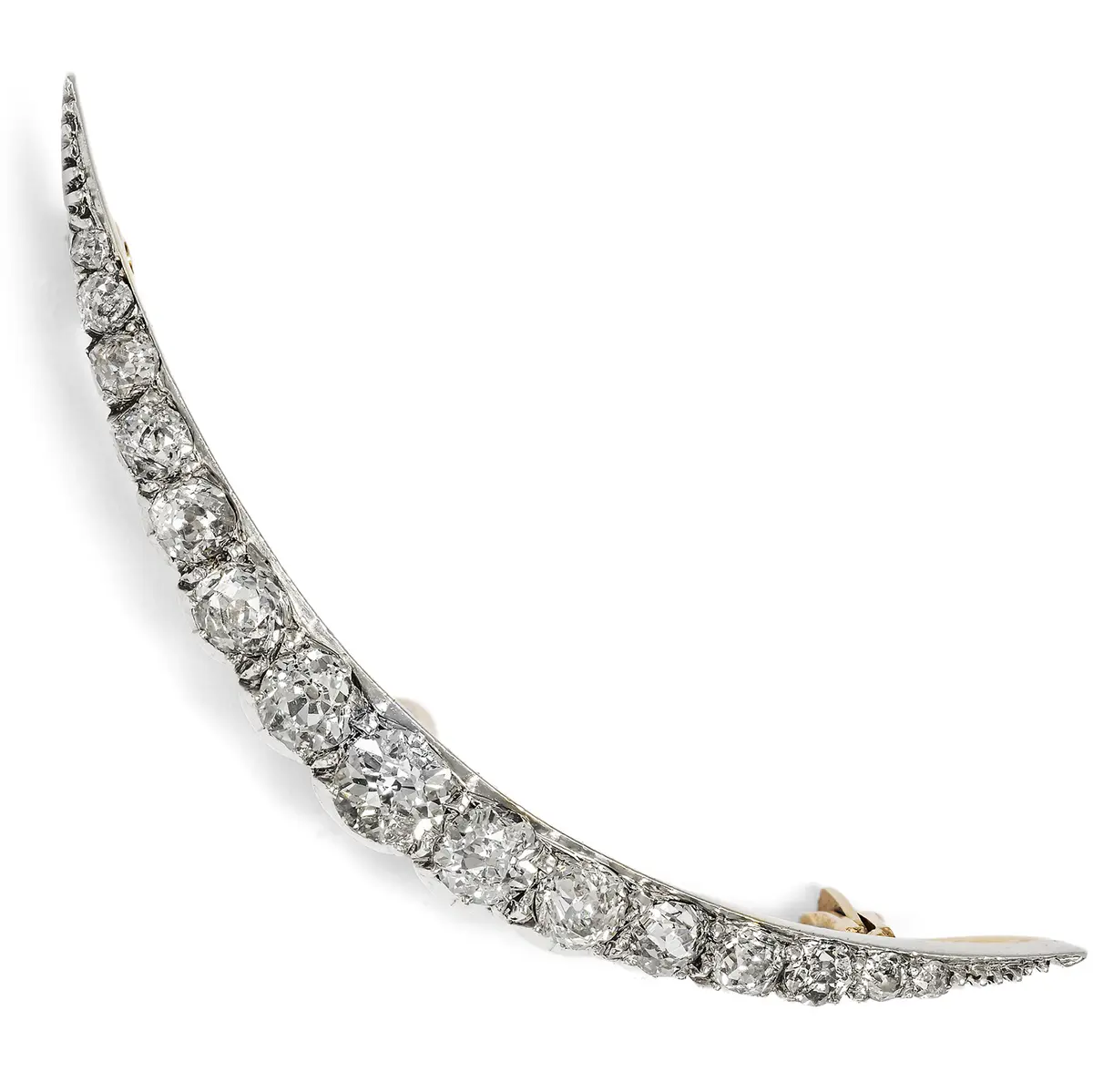 Antique Crescent Moon Brooch with Diamonds in Silver on Gold, c. 1900