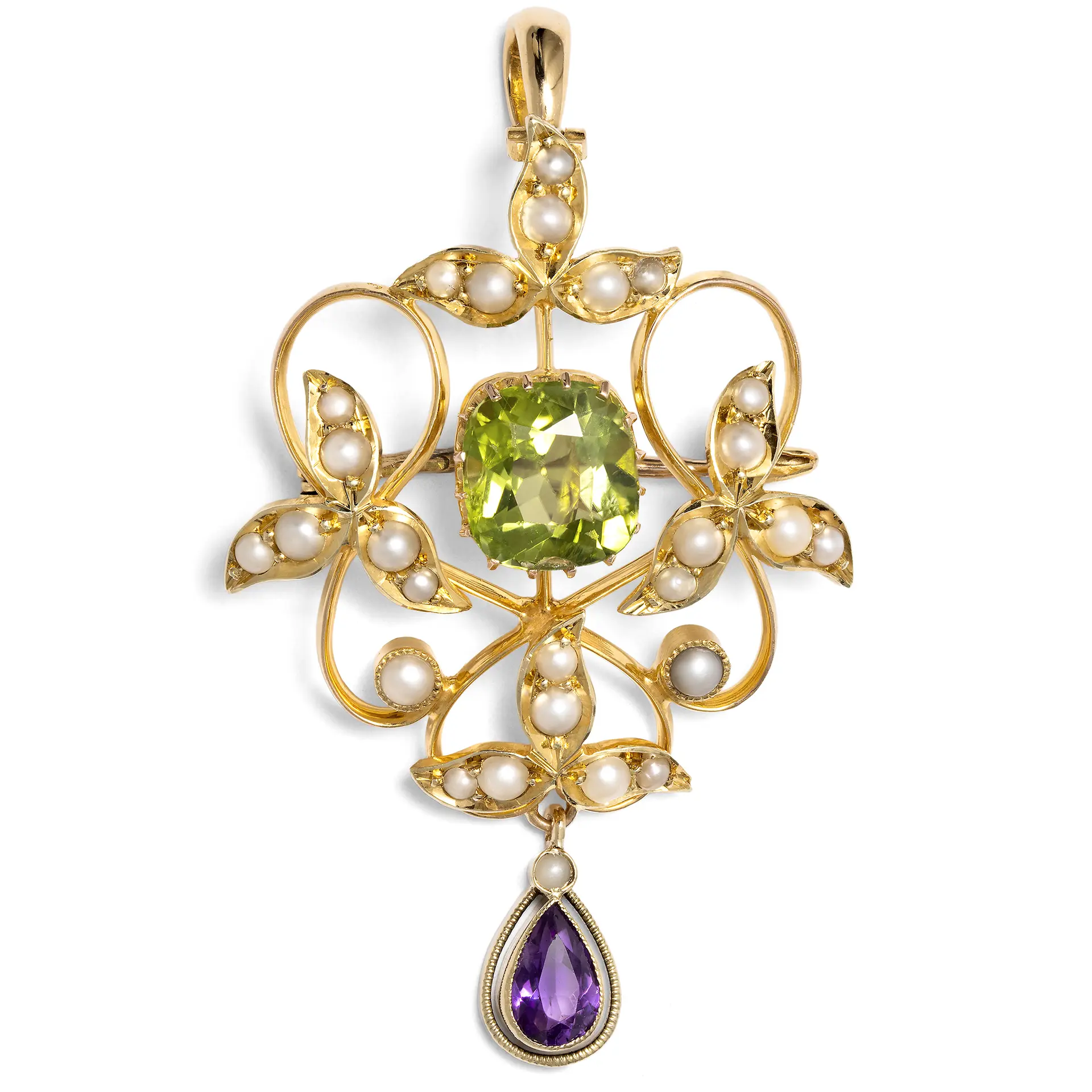 Antique Pendant-Brooch with Amethyst, Pearls, and Peridot in Gold