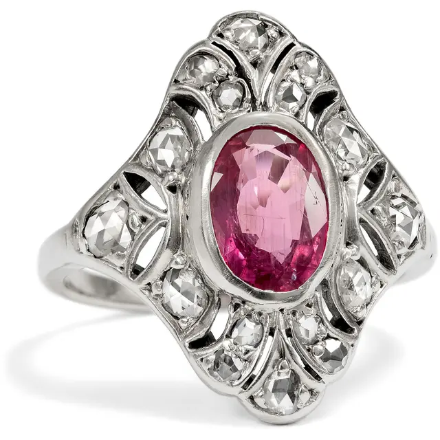 Antique Silver Ring with Diamonds & an Untreated Ruby from Winza