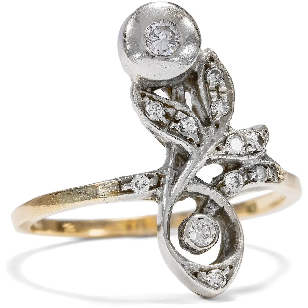 Vintage Diamond Ring In Art Nouveau Shapes, Hungary Around 1980