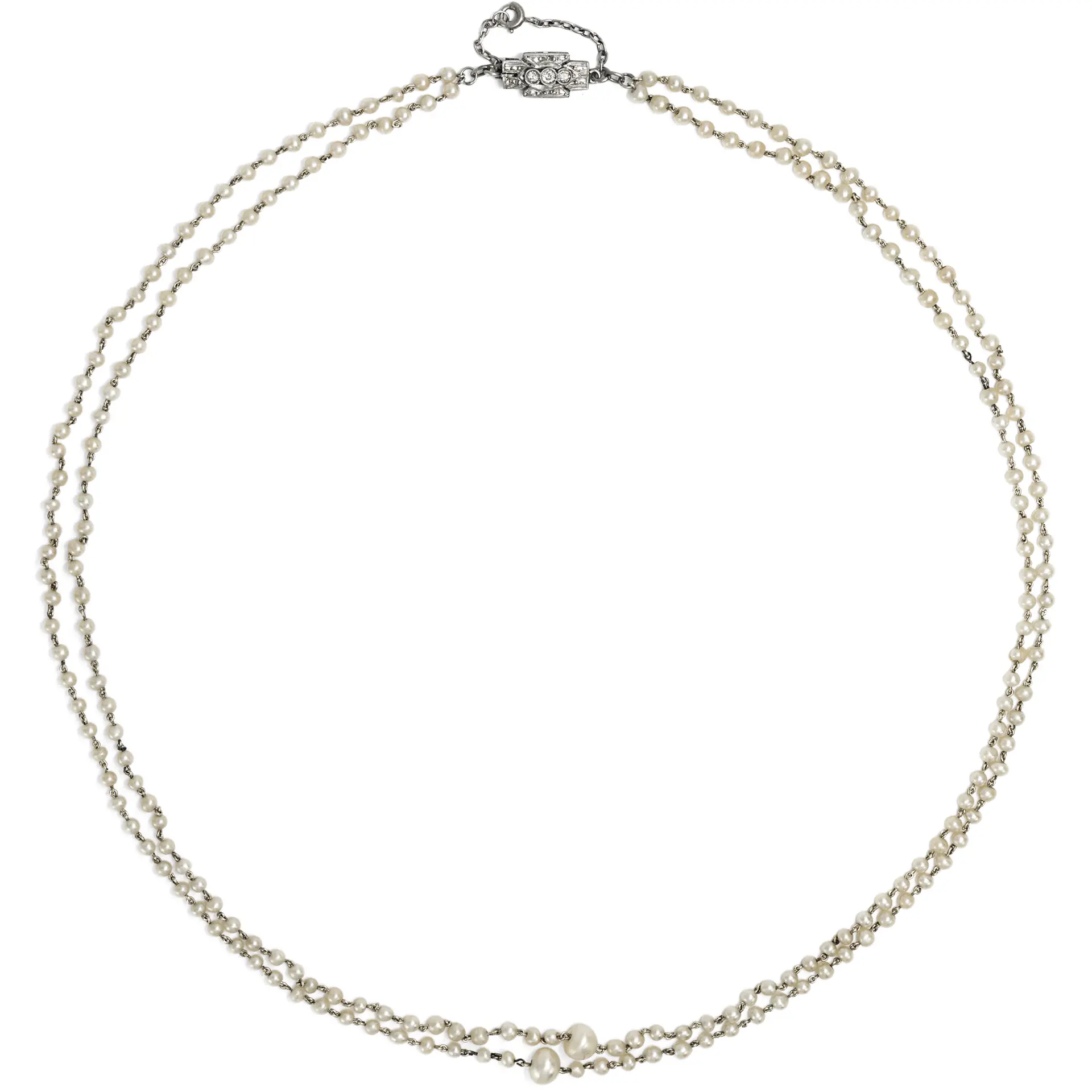 Two-Strand Natural Pearl and Platinum Necklace with Diamond Clasp, c. 1925