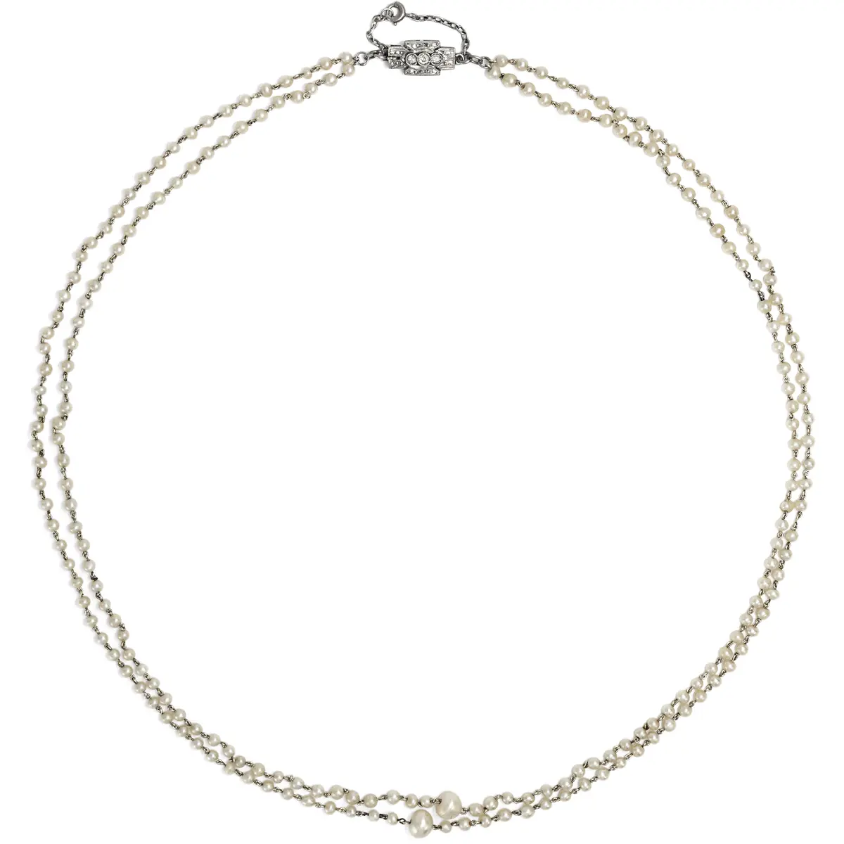 Two-Strand Natural Pearl and Platinum Necklace with Diamond Clasp, c. 1925