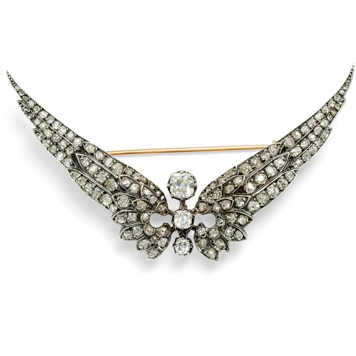 Antique Wing Brooch with Diamonds in Silver on Gold, c. 1895