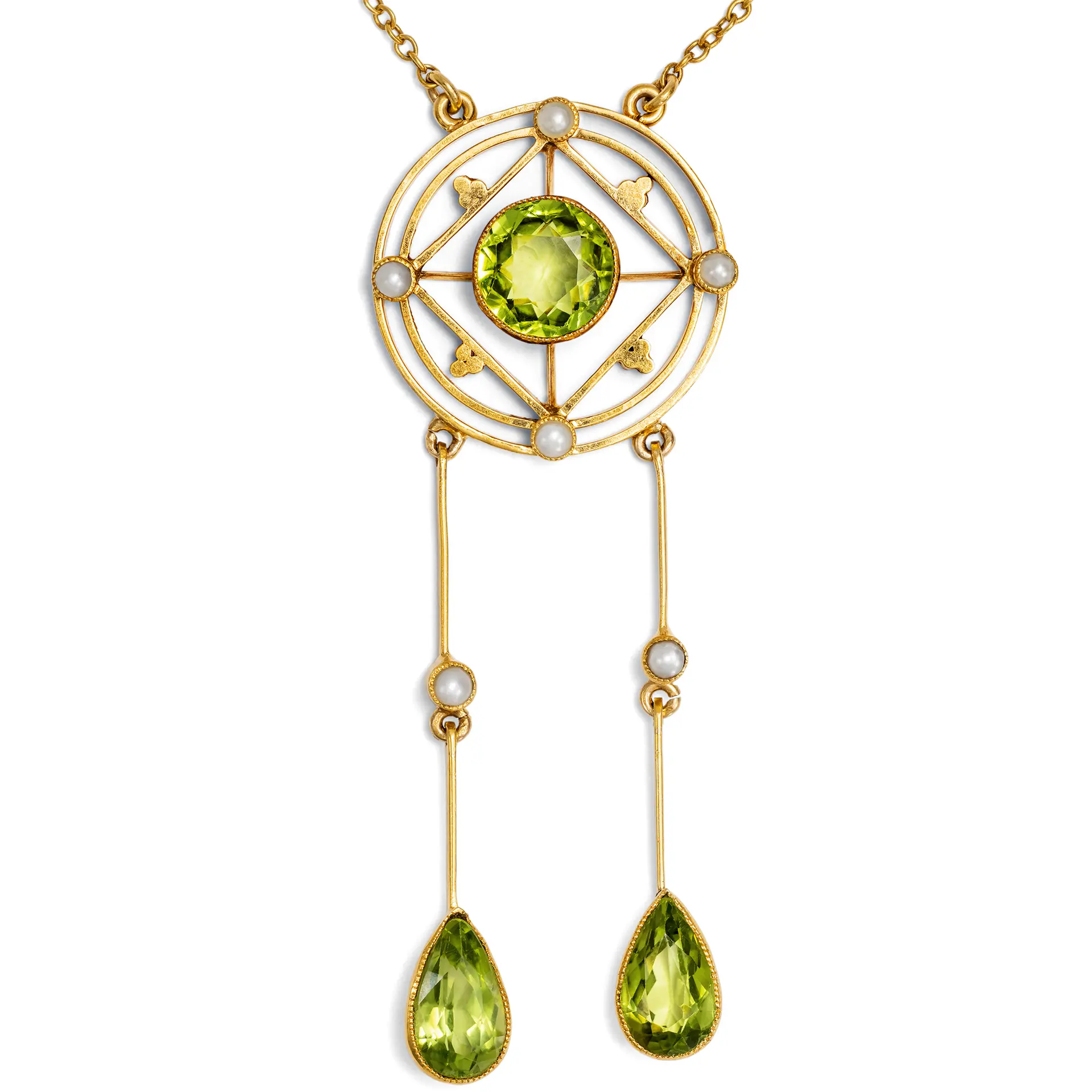 Unusual Edwardian Gold Necklace with Pearls & Peridots, England c. 1910