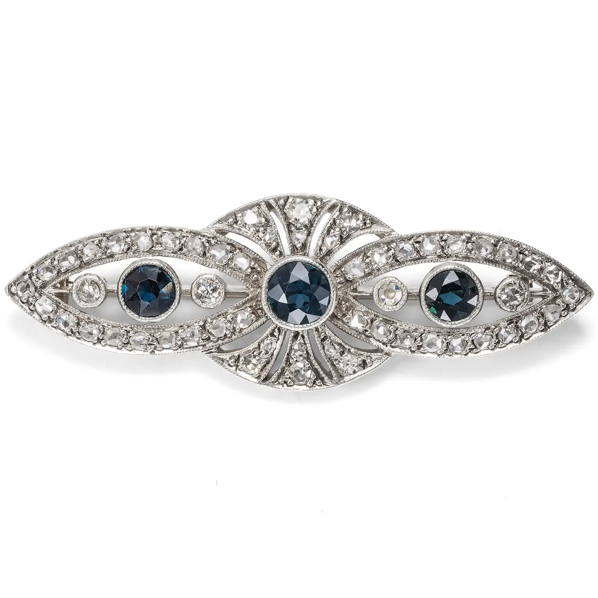 Elegant Brooch with Diamonds & Sapphires in Silver on Gold, c. 1910