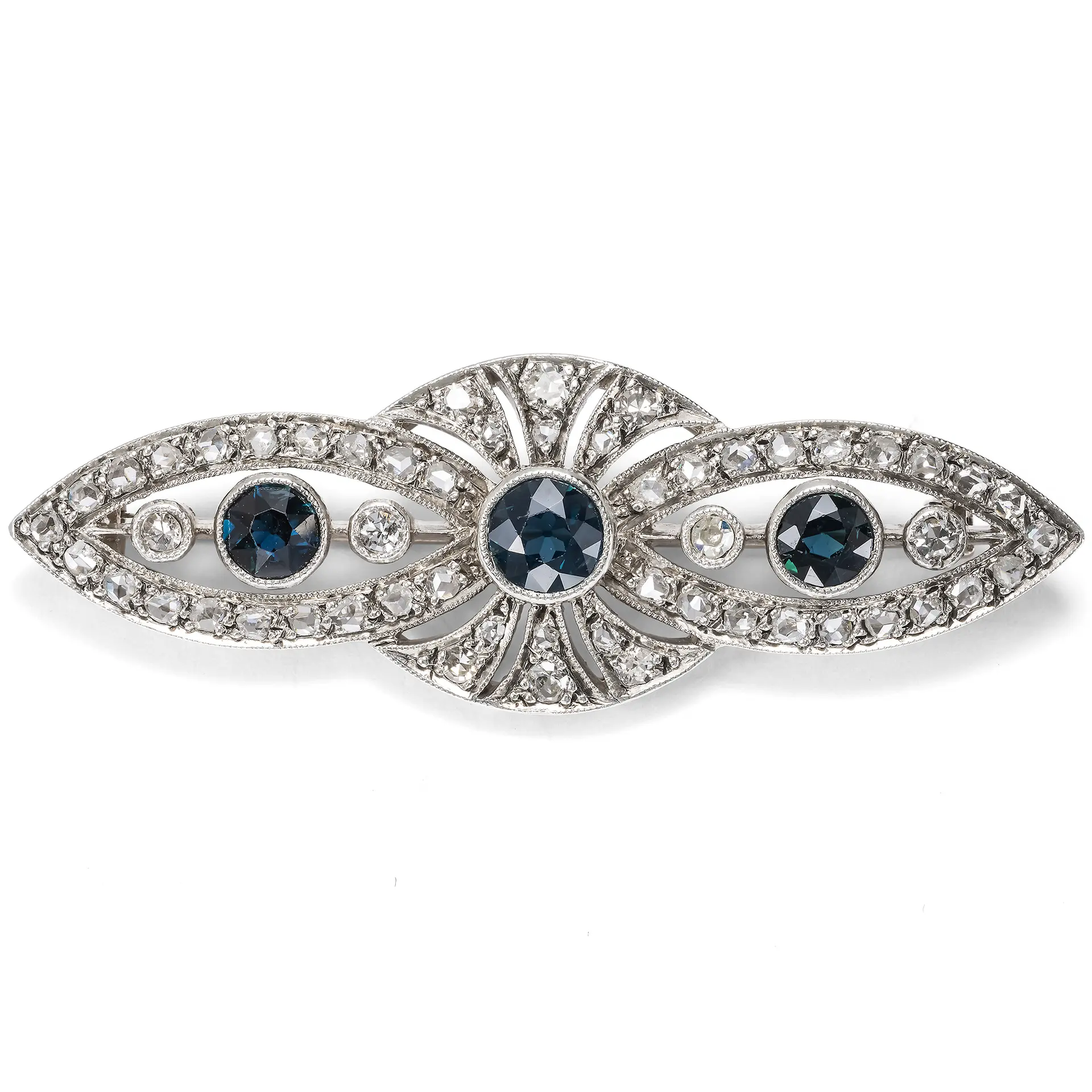 Elegant Brooch with Diamonds & Sapphires in Silver on Gold, c. 1910