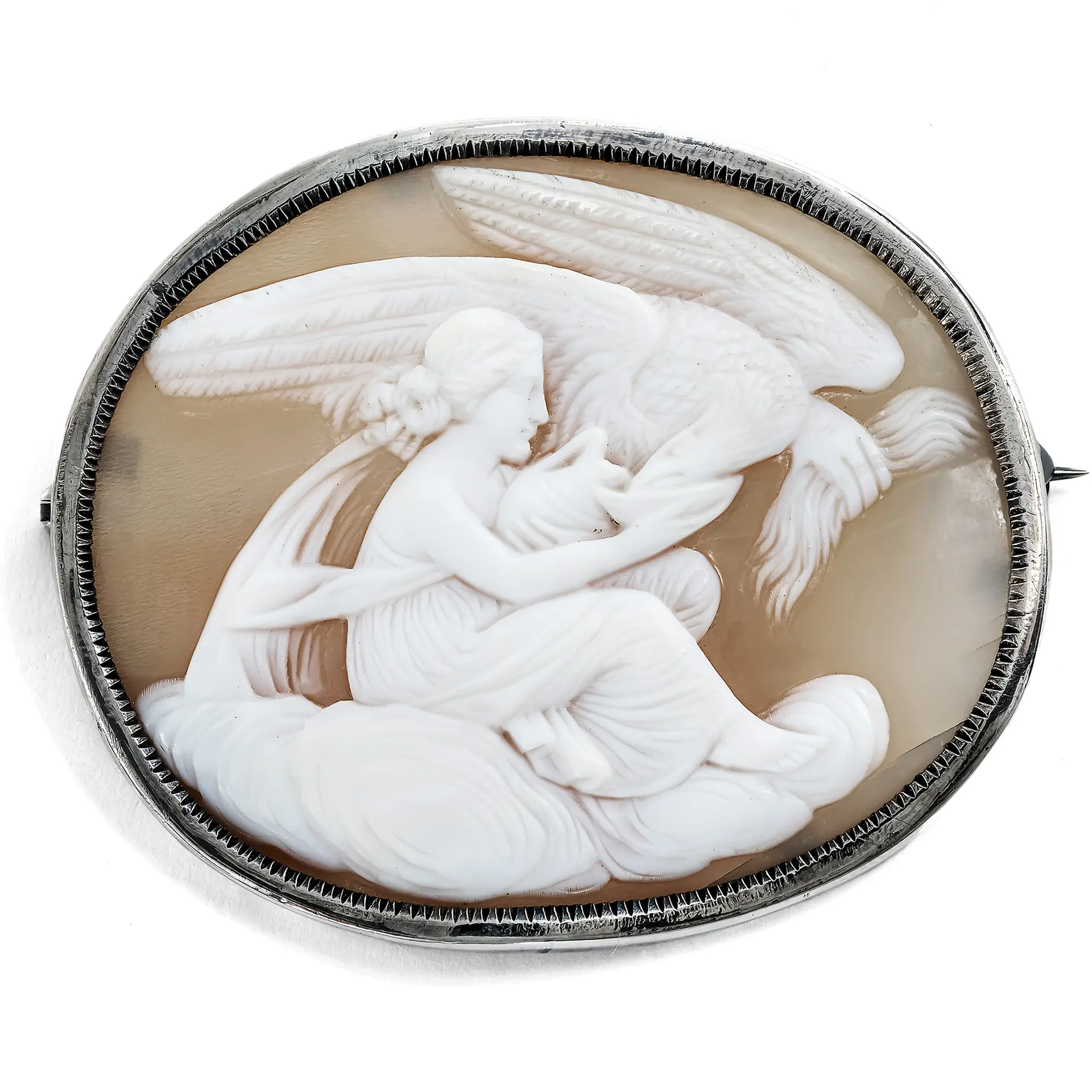 Large shell cameo of the Hebe in silver mount, Italy around 1860 and later