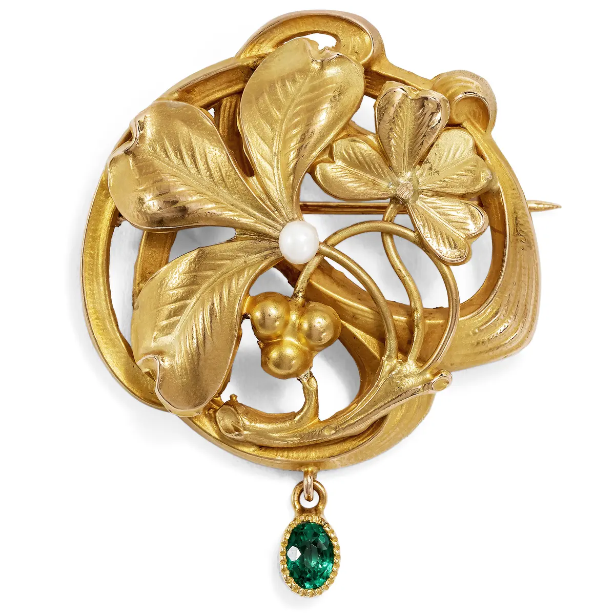 Elegant Art Nouveau Brooch with Pearl and Garnet Doublet in Gold, c. 1900