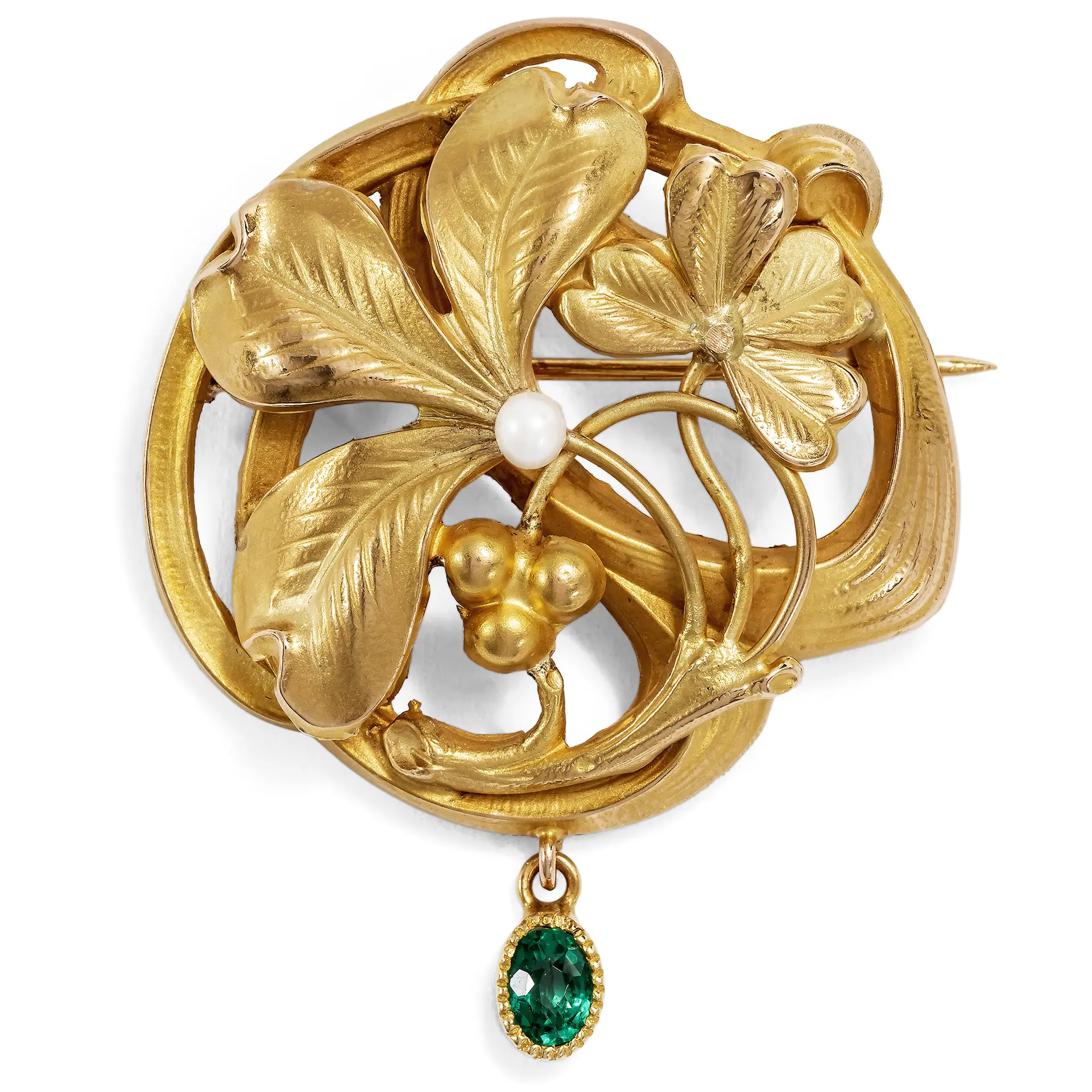 Elegant Art Nouveau Brooch with Pearl and Garnet Doublet in Gold, c. 1900