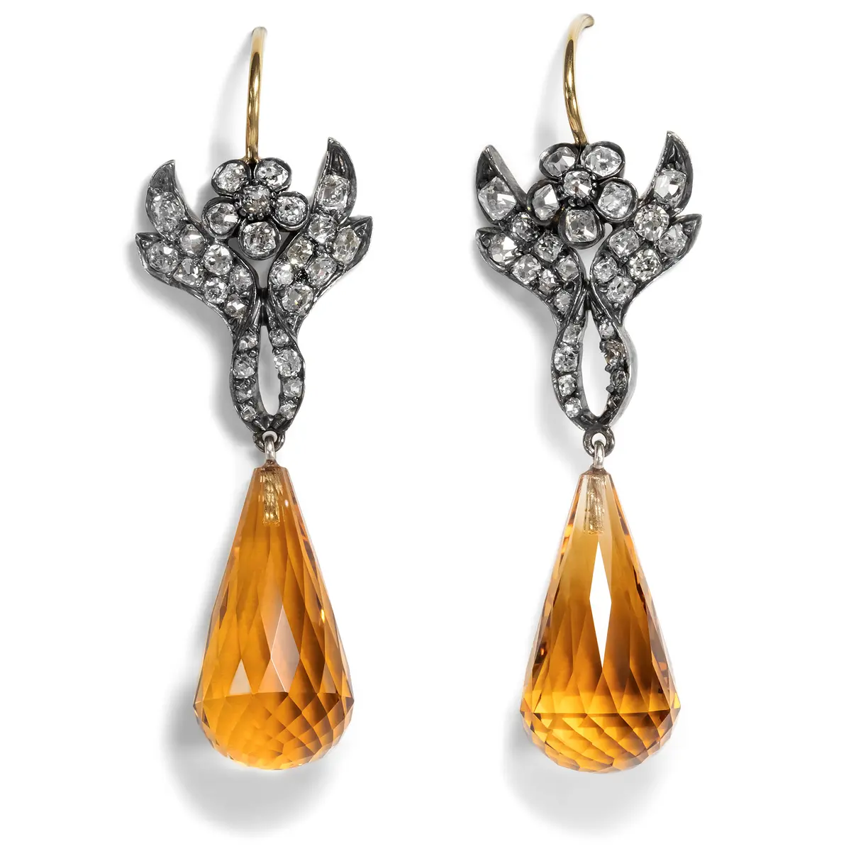 Drop Earrings With Citrines & Antique Diamond Elements From Our Workshop