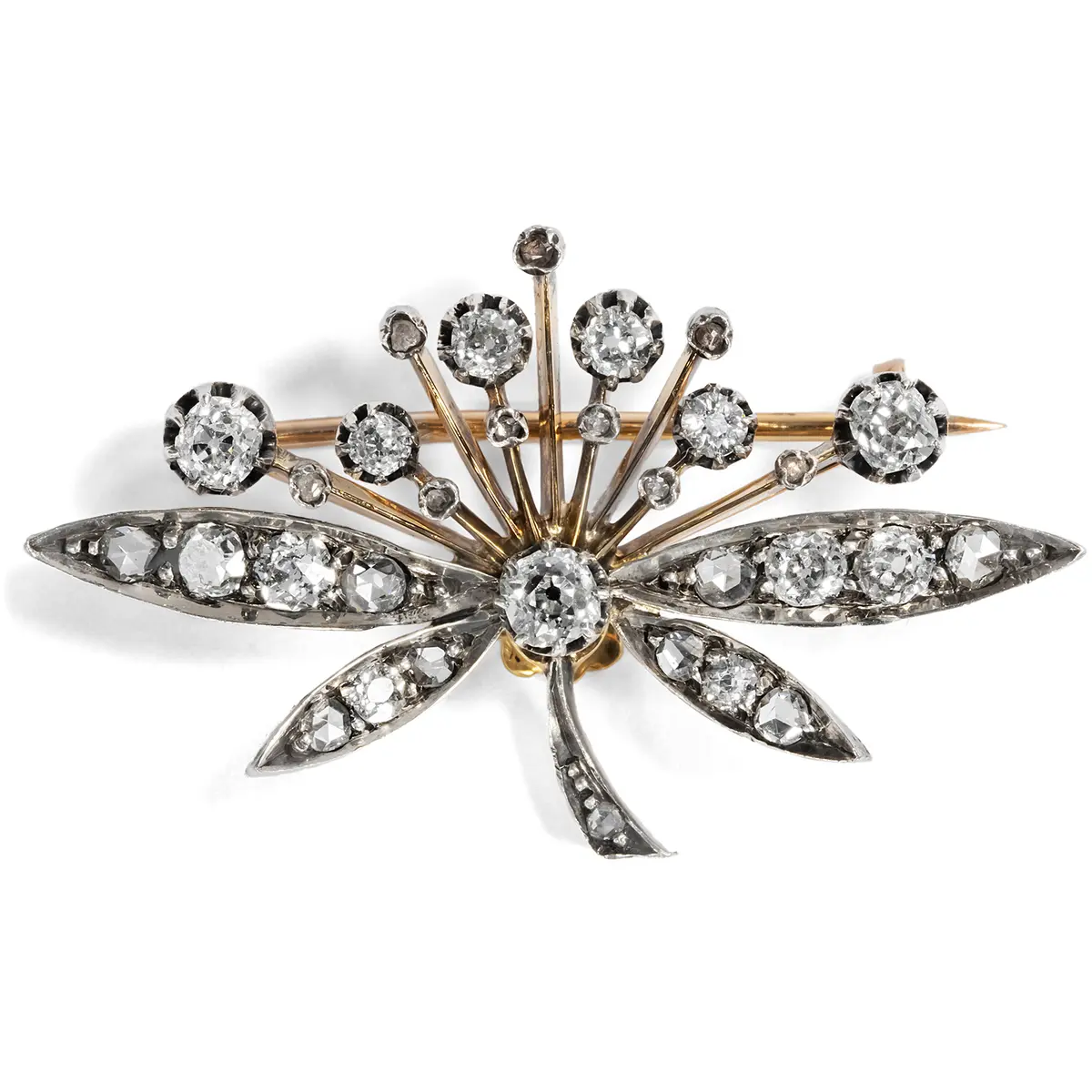 Antique Brooch With Old Cut Diamonds in Silver & Gold, c. 1900