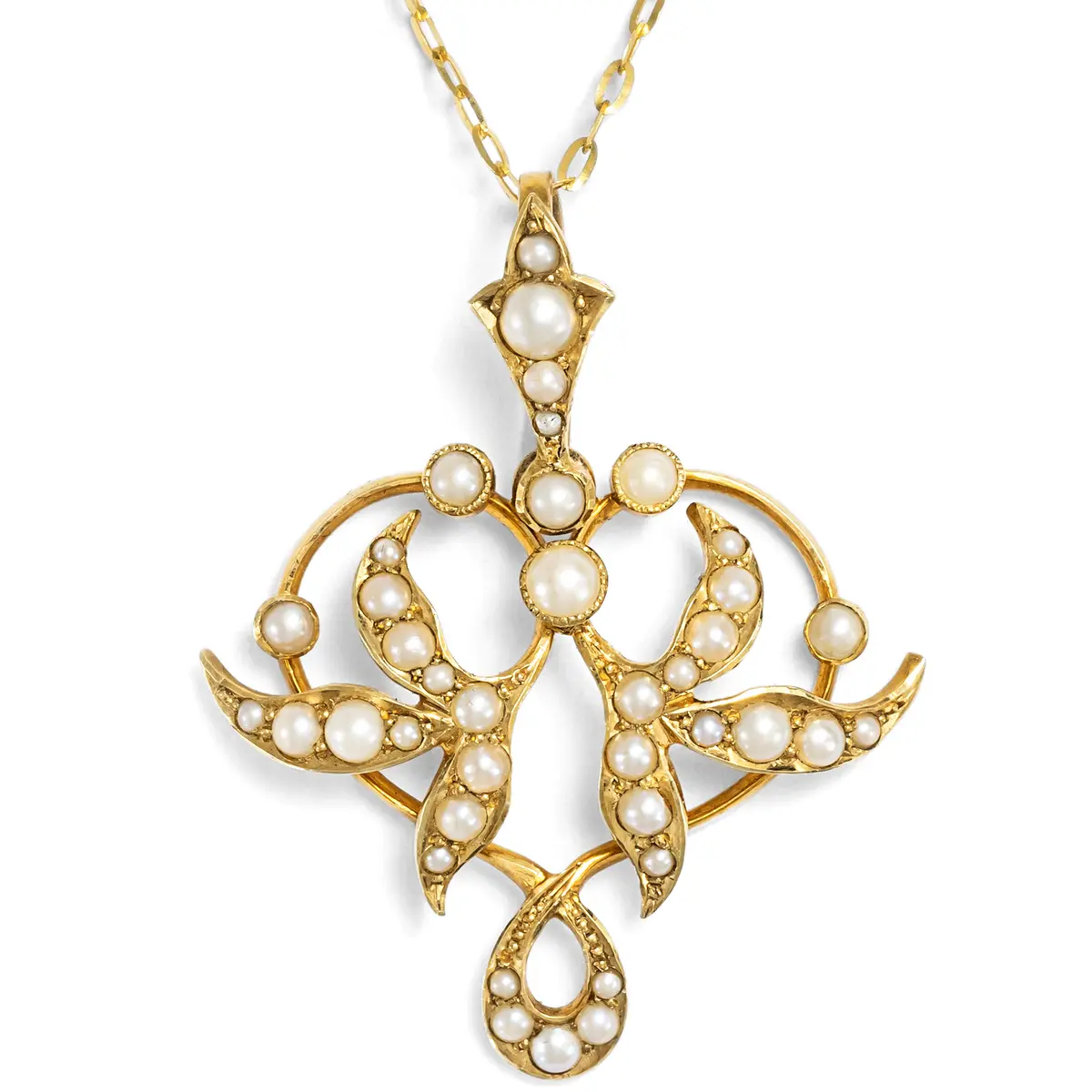 Antique Art Nouveau Pendant with Seed Pearls in Gold, British, c. 1905