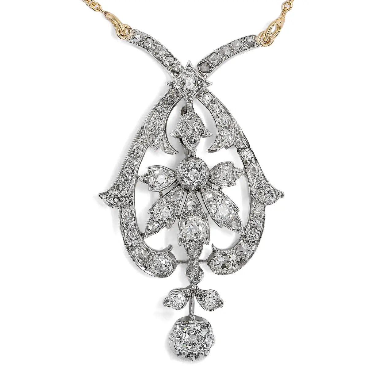 Beautiful Old Cut Diamond Necklace in Silver on Gold, c. 1890 & later