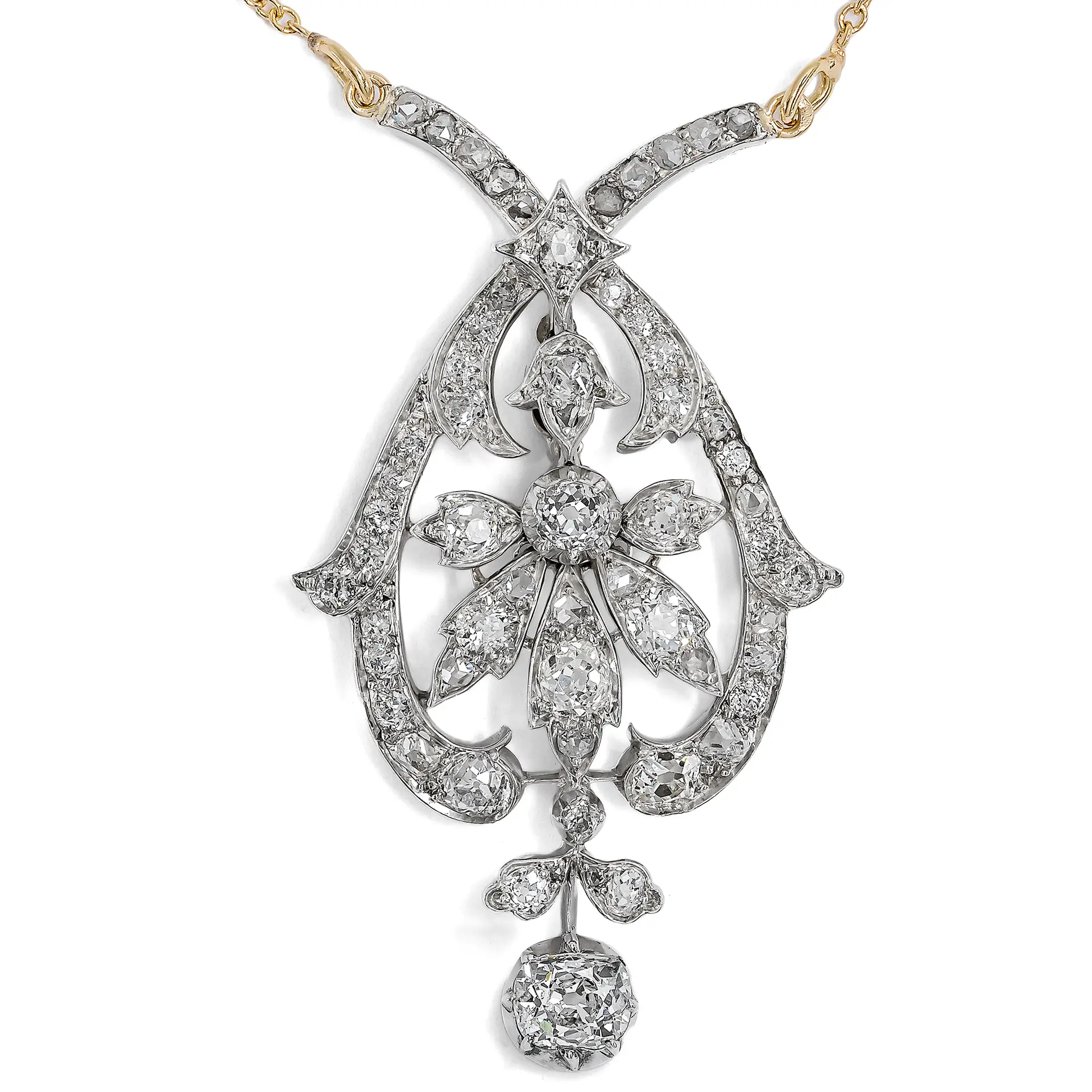 Beautiful Old Cut Diamond Necklace in Silver on Gold, c. 1890 & later