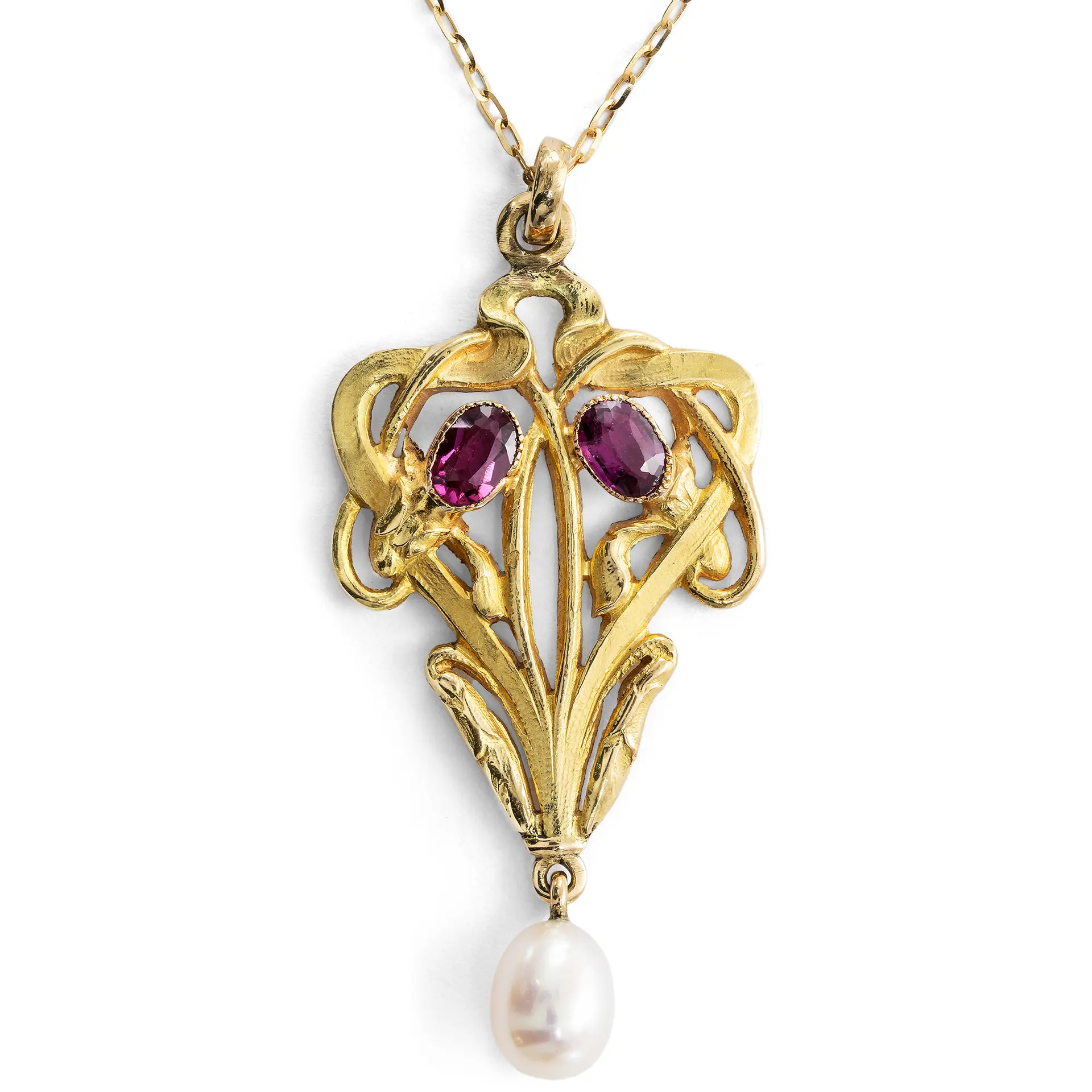 Antique Rhodolite and Pearl Art Nouveau Pendant in Gold, c. 1900