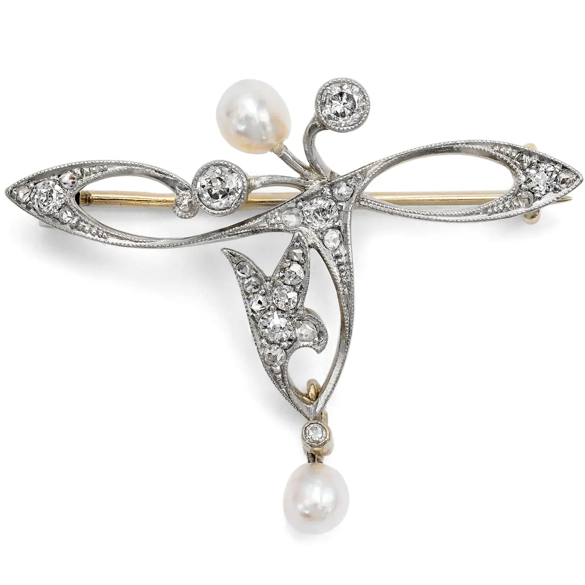 Delicate Art Nouveau Brooch with Natural Pearls & Diamonds, c. 1910
