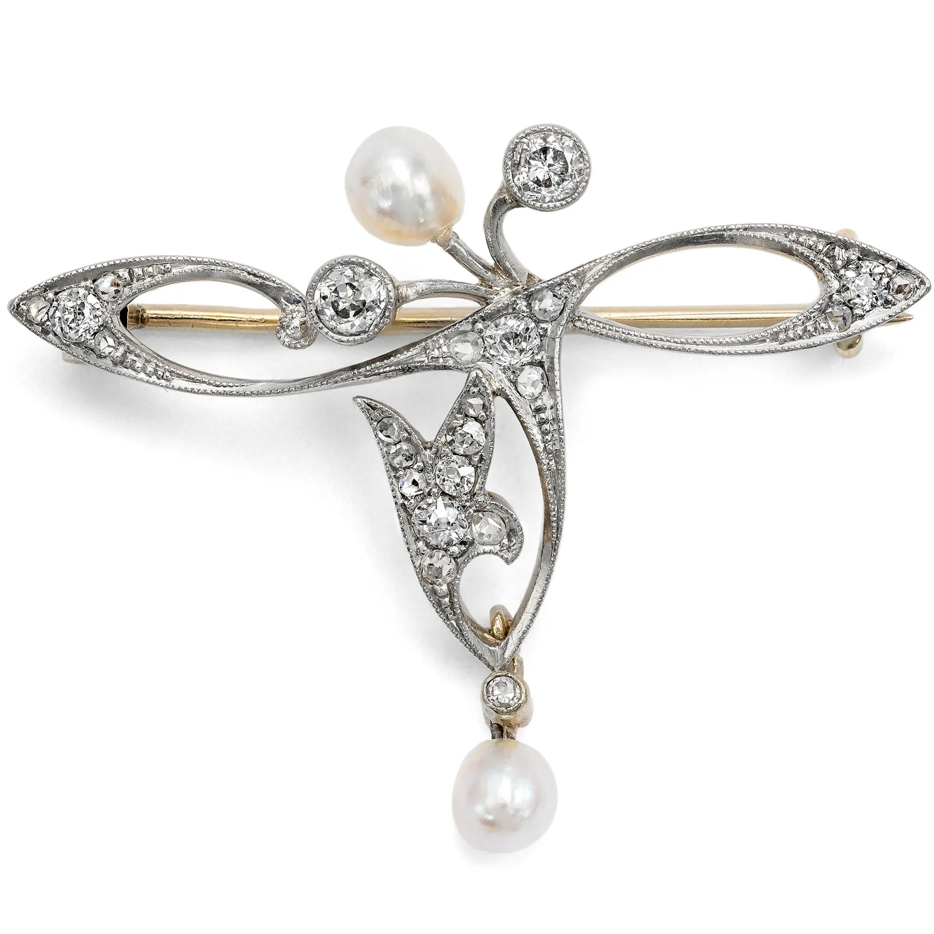 Delicate Art Nouveau Brooch with Natural Pearls & Diamonds, c. 1910
