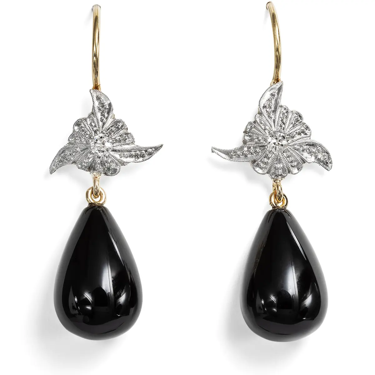 Onyx & Diamond Earrings Made of Antique Elements, from Our Workshop