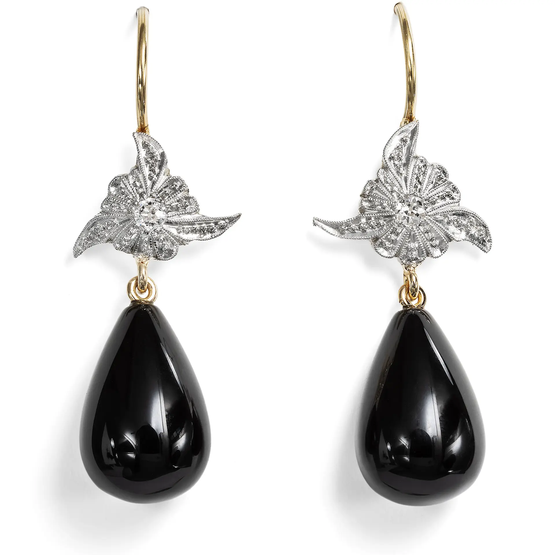 Onyx & Diamond Earrings Made of Antique Elements, from Our Workshop