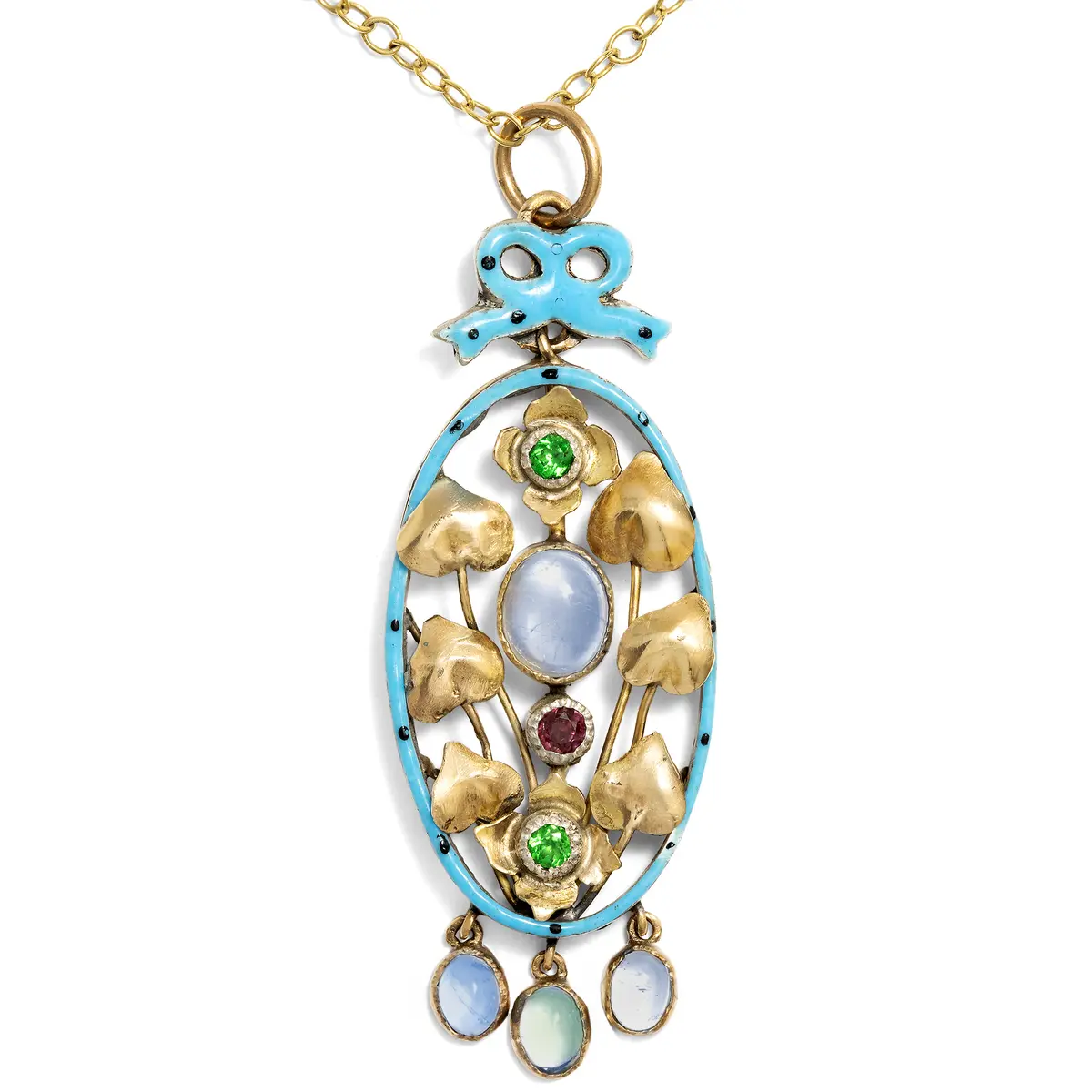 Pendant with Rubies, Demantoids, and Moonstones in Gold, c. 1910