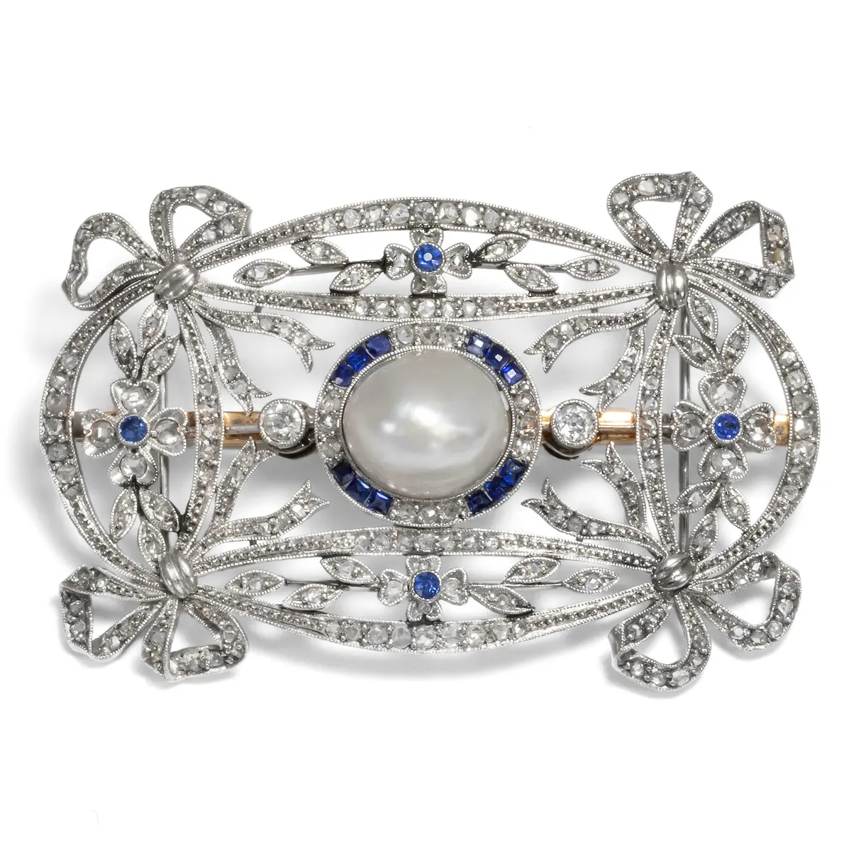 Antique Pendant Brooch With Baroque Pearl, Sapphires & Diamonds, ca. 1910