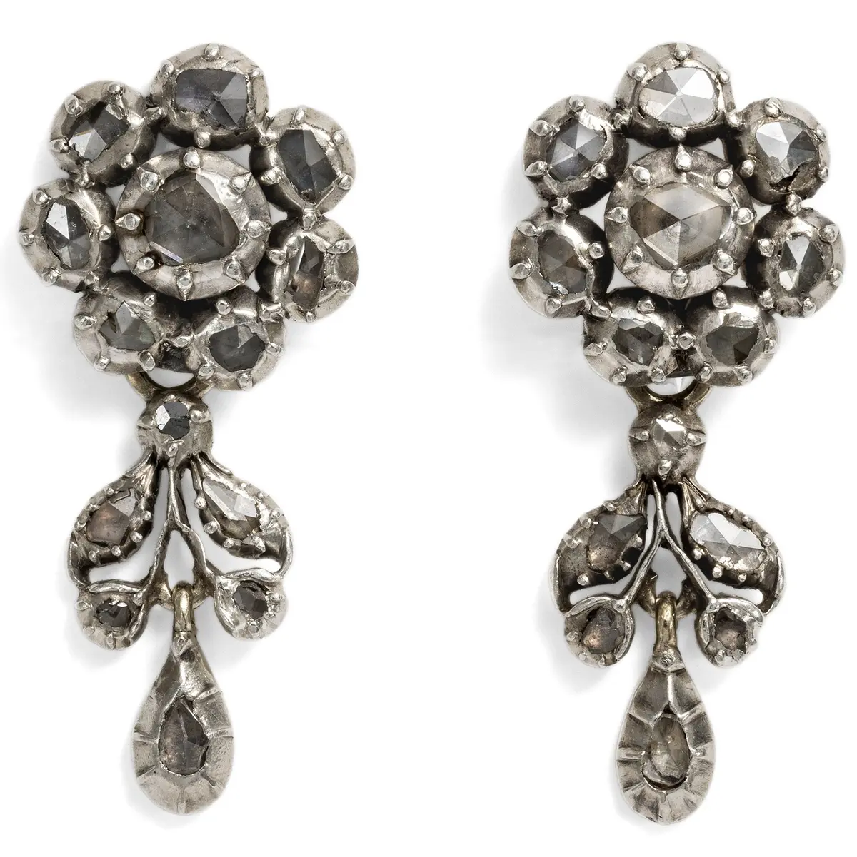 Ear Clips made from Antique Elements with Diamond Roses in Silver