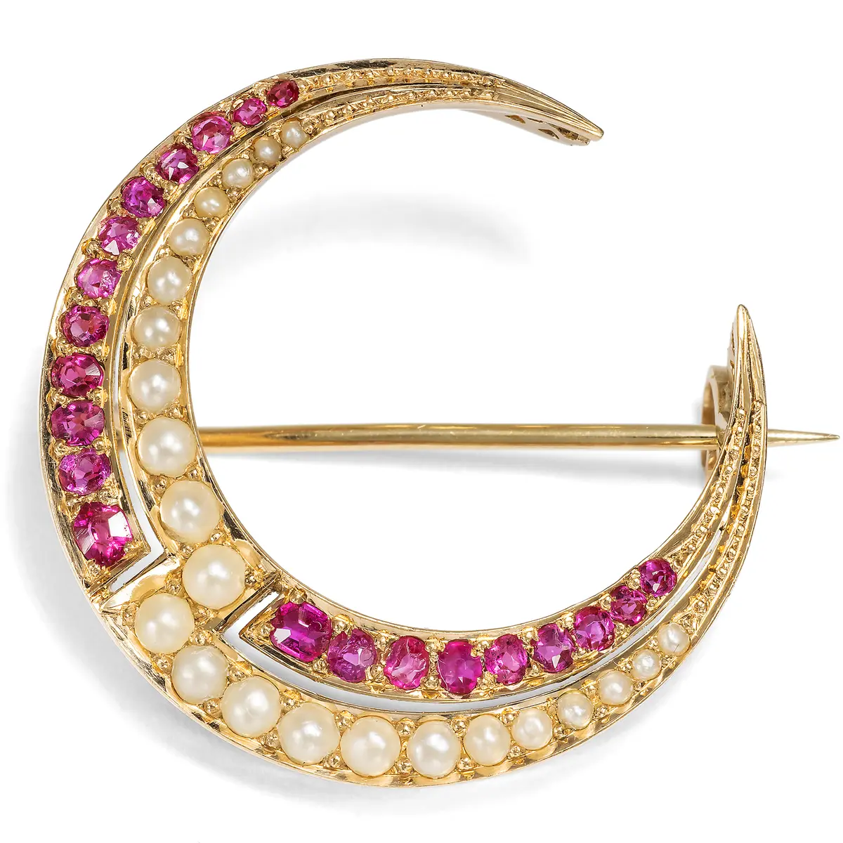 Crescent Moon with Natural Pearls & Rubies from Burma, c. 1900