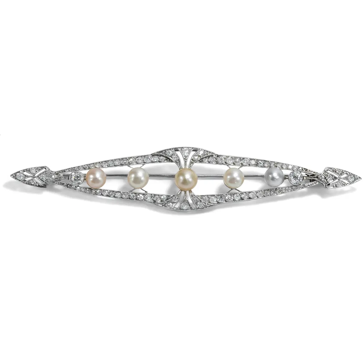 Large Bar Brooch with Diamonds & Pearls in Platinum, France, c. 1915