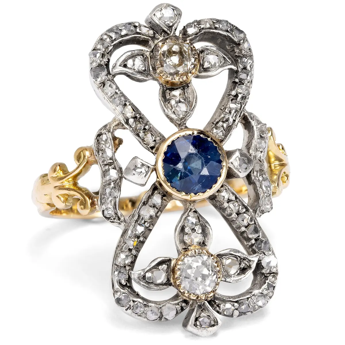 Large Belle Époque Ring with Sapphire & Diamonds, c. 1895