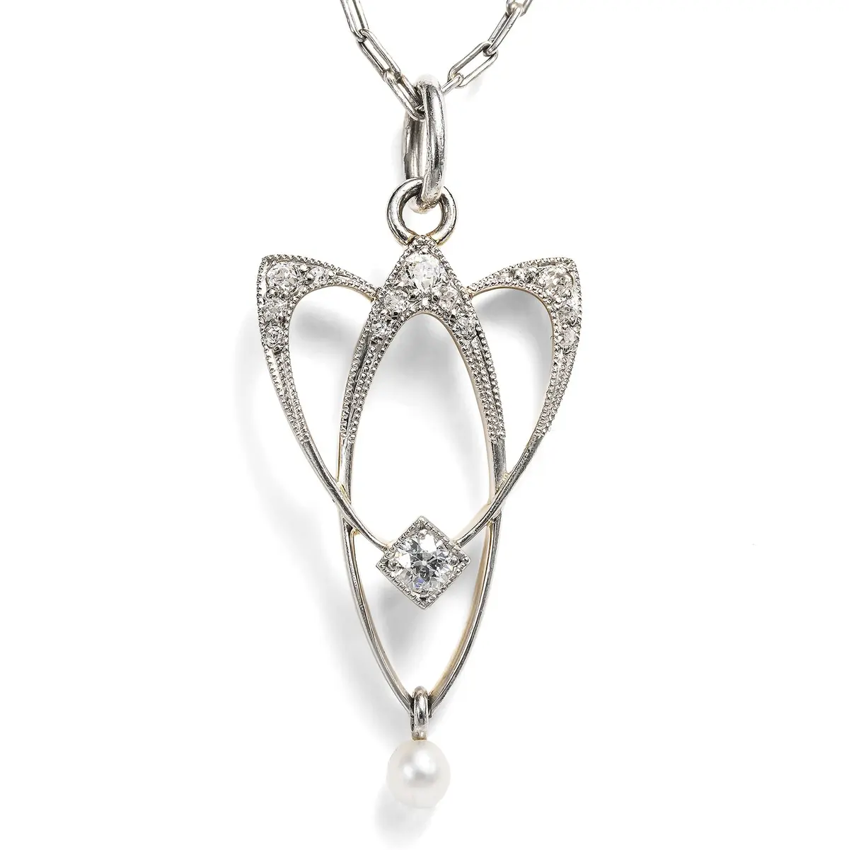 Art Nouveau Pendant in Platinum and Gold with Diamonds and a Natural