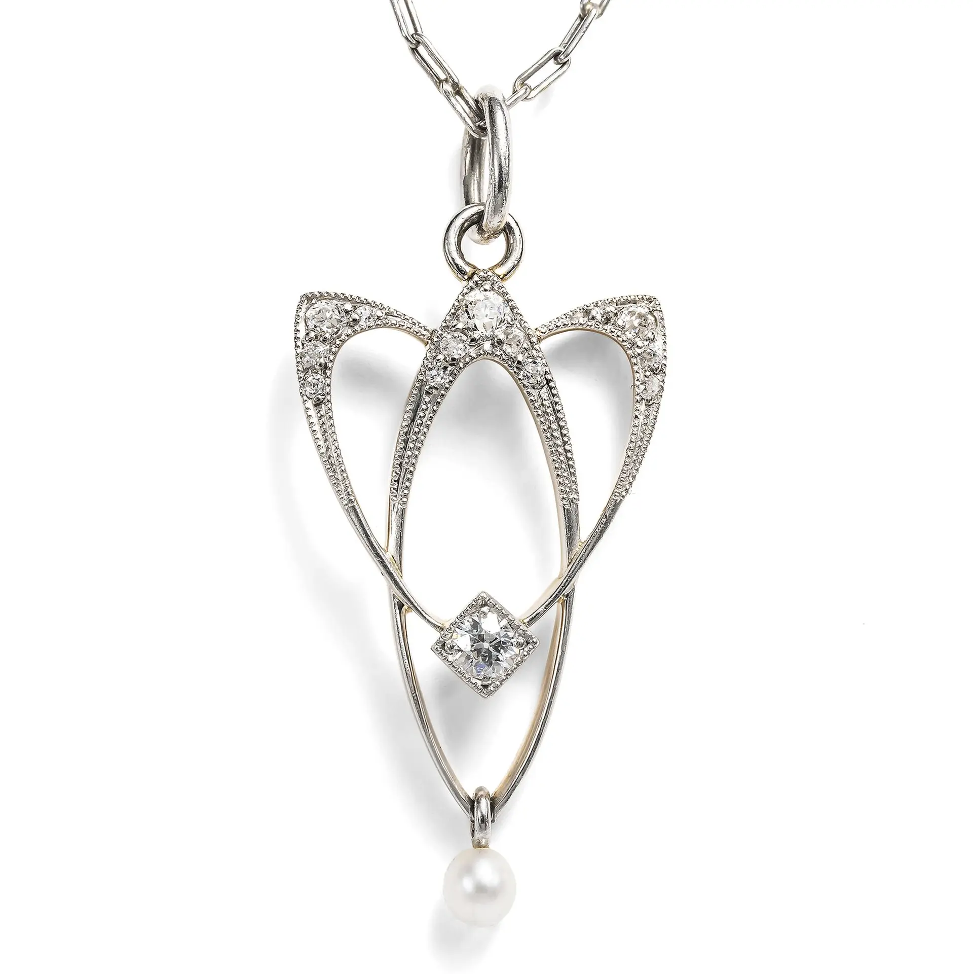 Art Nouveau Pendant in Platinum and Gold with Diamonds and a Natural