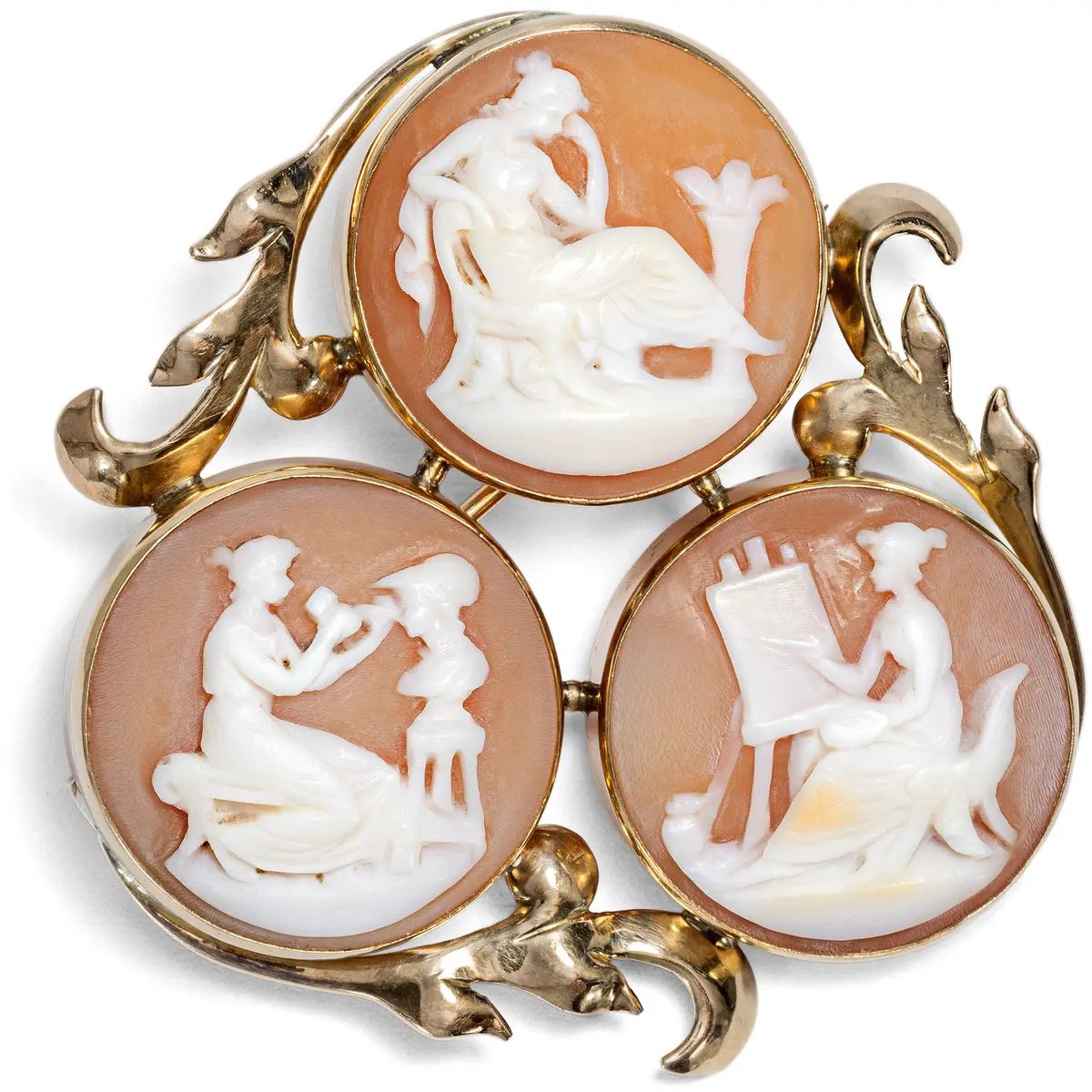 Antique Gold Brooch with Three Shell Cameos, c. 1910