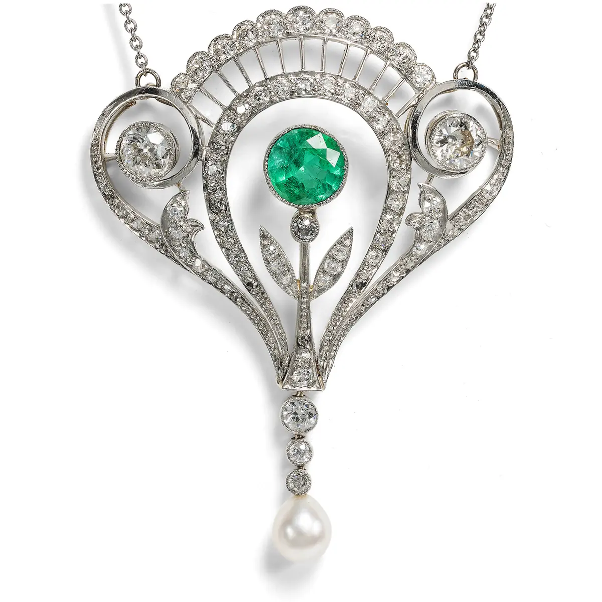 Fine Pendant Brooch with Emerald & Diamonds in Platinum, c. 1910