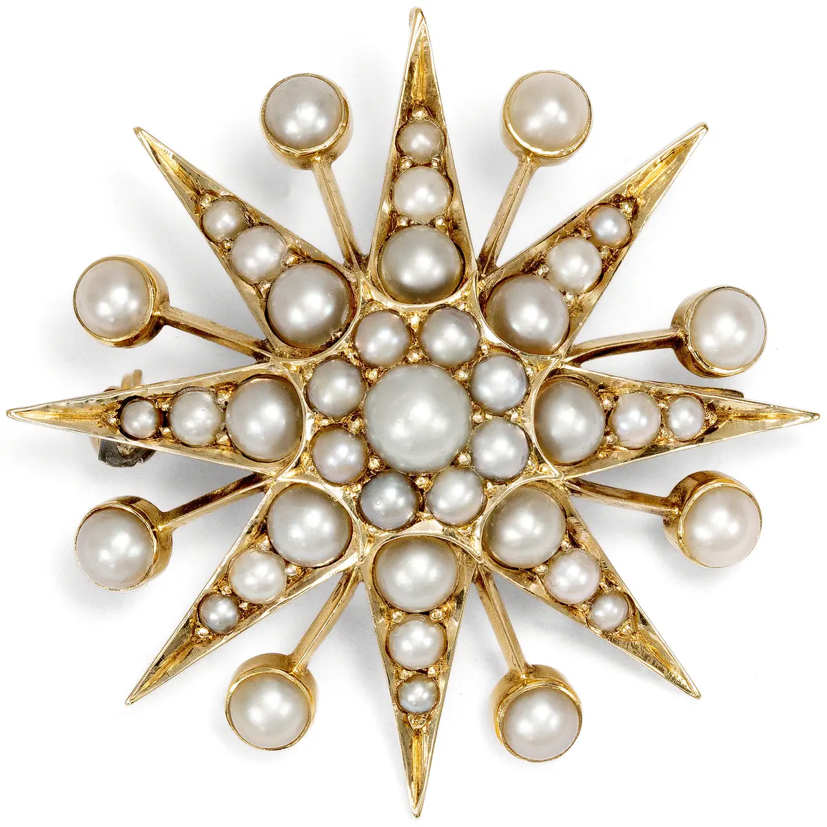 Victorian Star Brooch with Seed Pearls in Gold, British, c. 1890