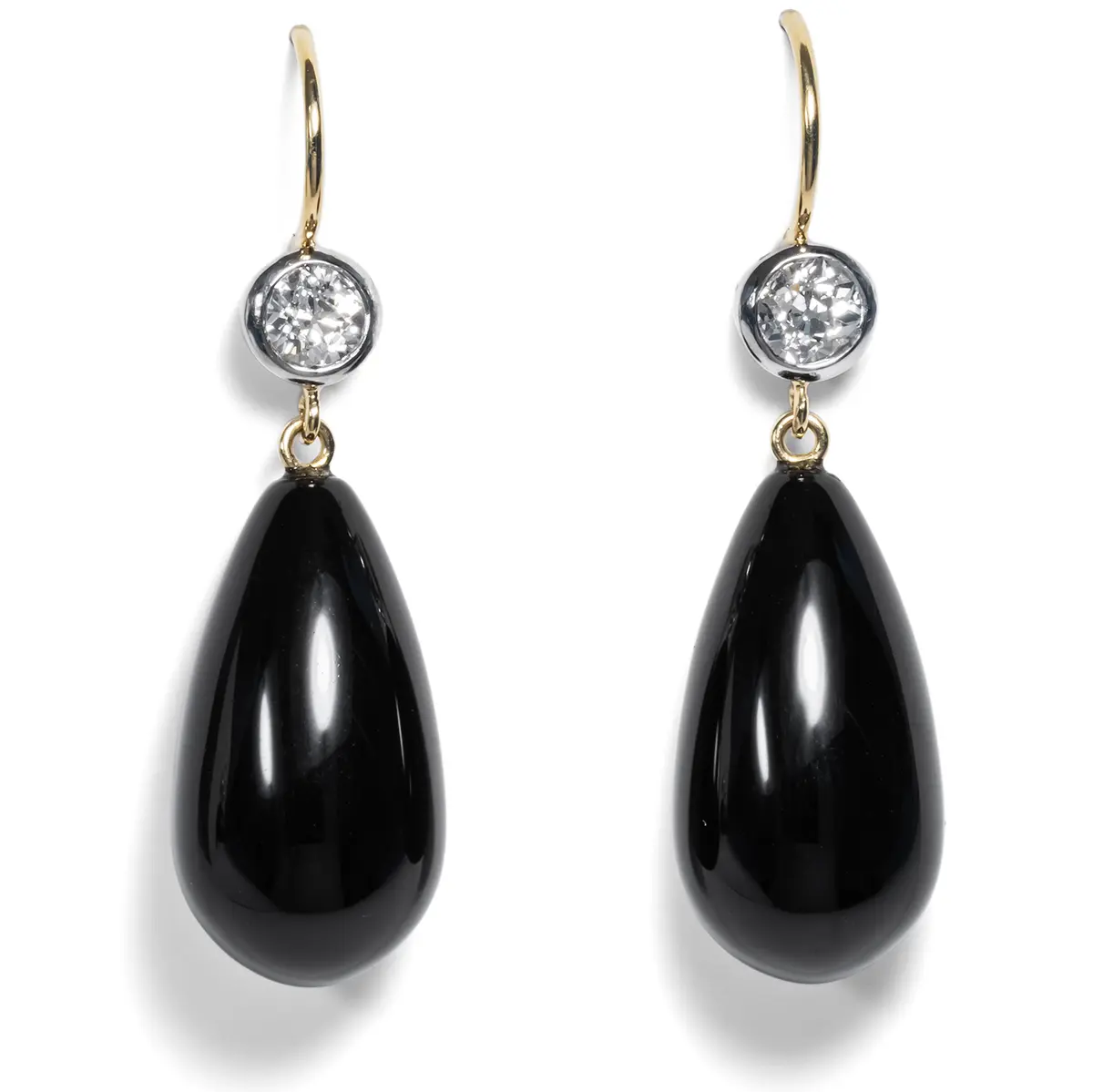 Elegant Earrings of Onyx & Old European Cut Diamonds in Gold & Platinum