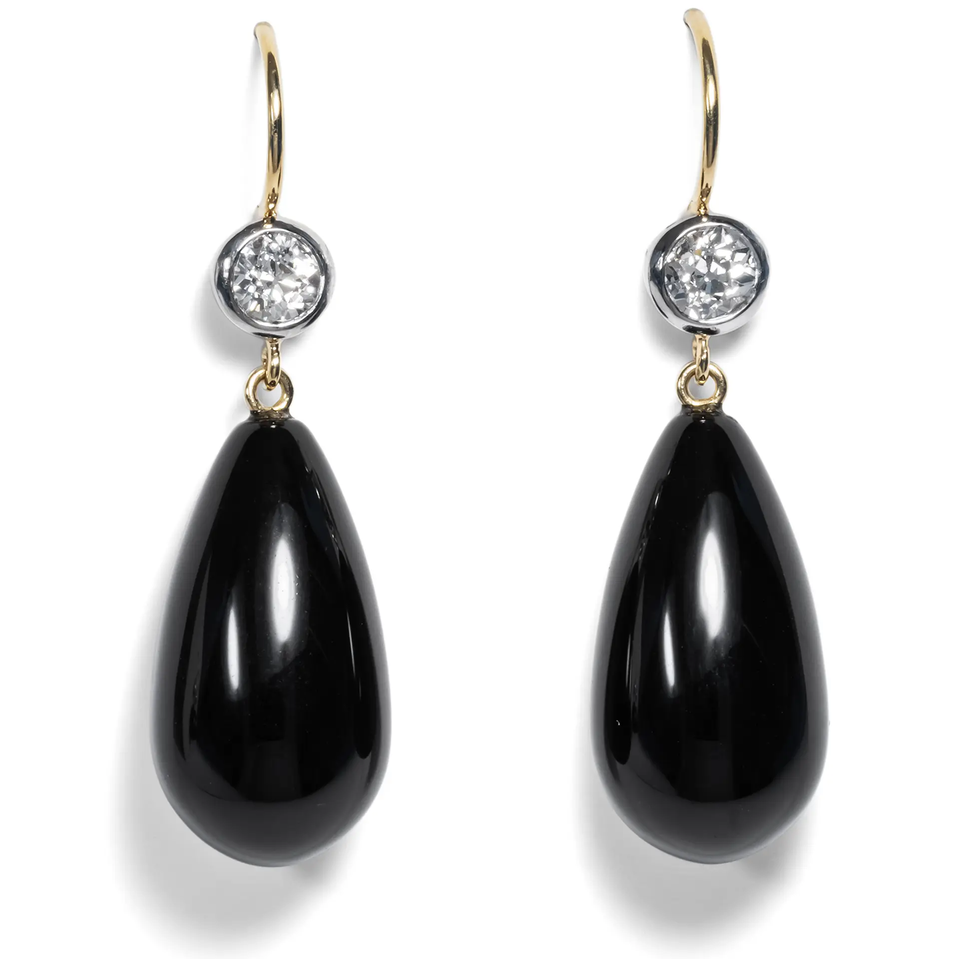 Elegant Earrings of Onyx & Old European Cut Diamonds in Gold & Platinum