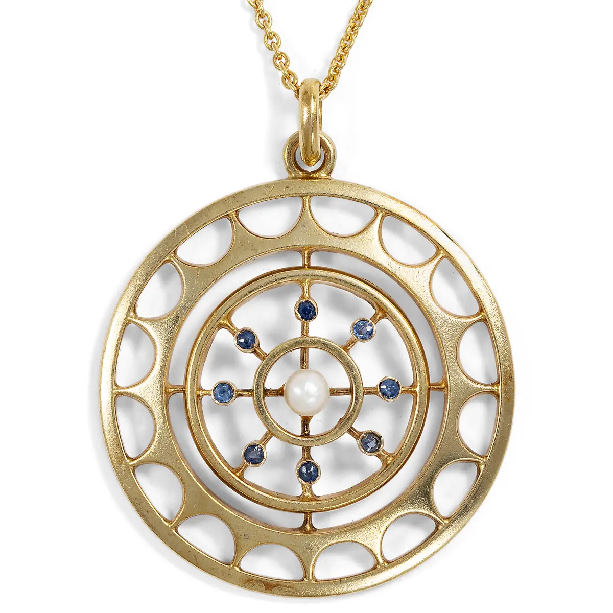 Antique Gold Pendant with a Pearl & Sapphires, c. 1910
