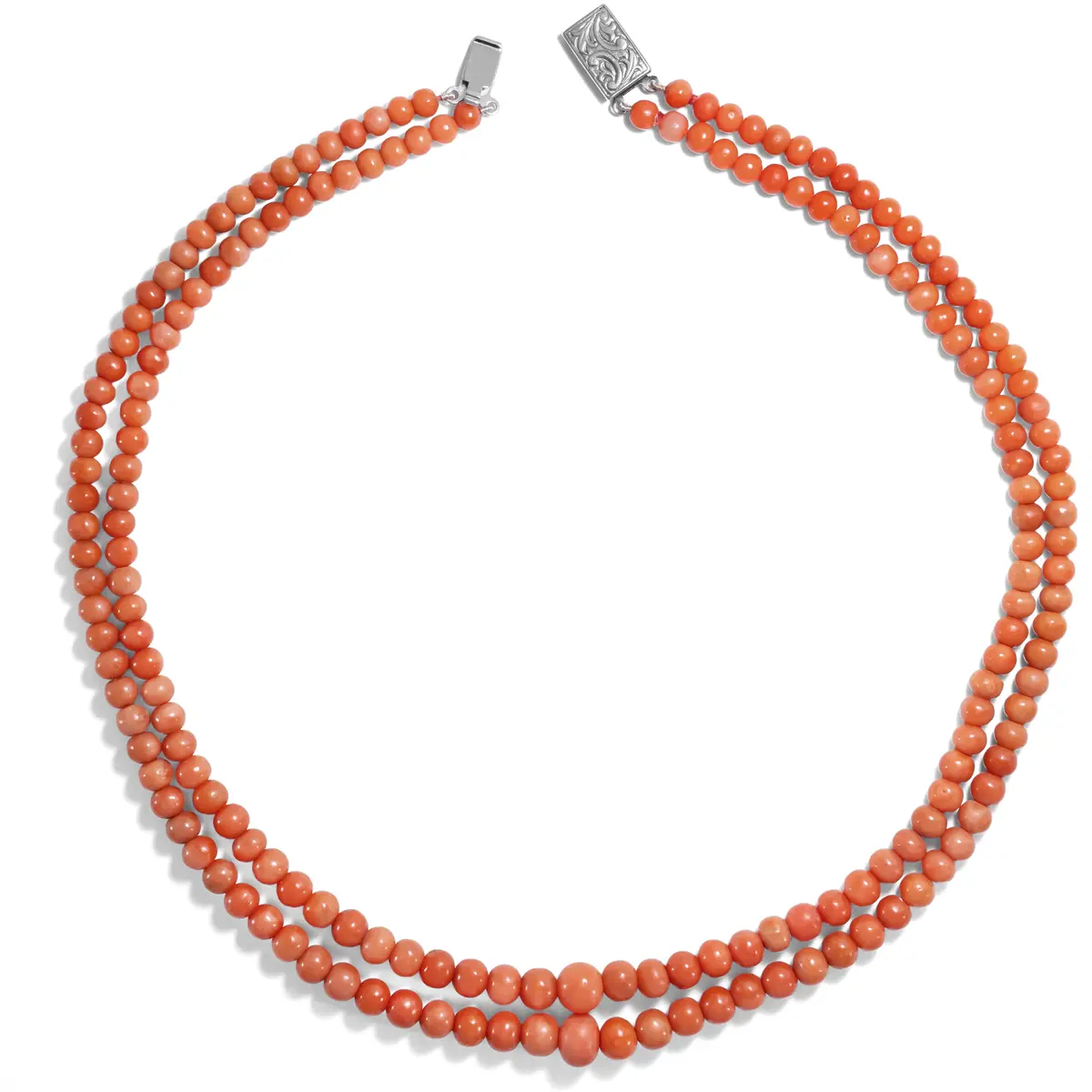 Antique Double Row Necklace of Precious Coral With Silver Clasp, Italy c. 1900