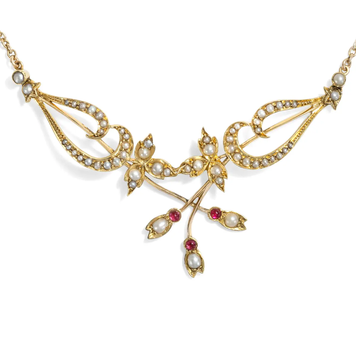 Delicate Red Spinel and Seed Pearl Necklace in Gold, British, c. 1900