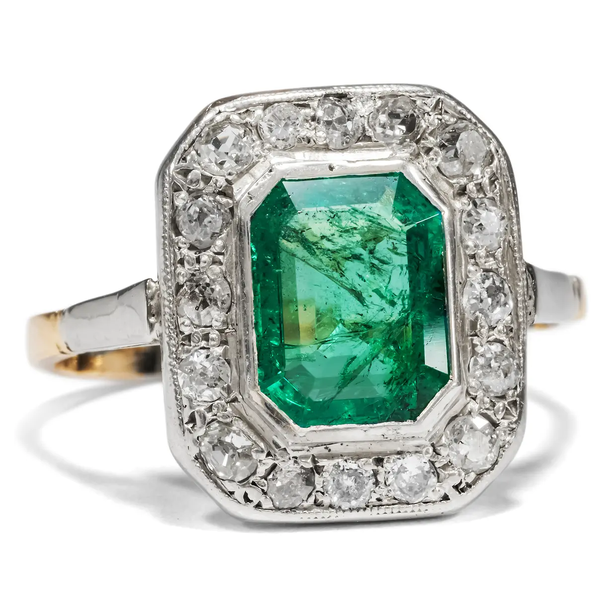Antique Ring with Colombian Emeralds & Diamonds in Gold & Silver, ca. 1920