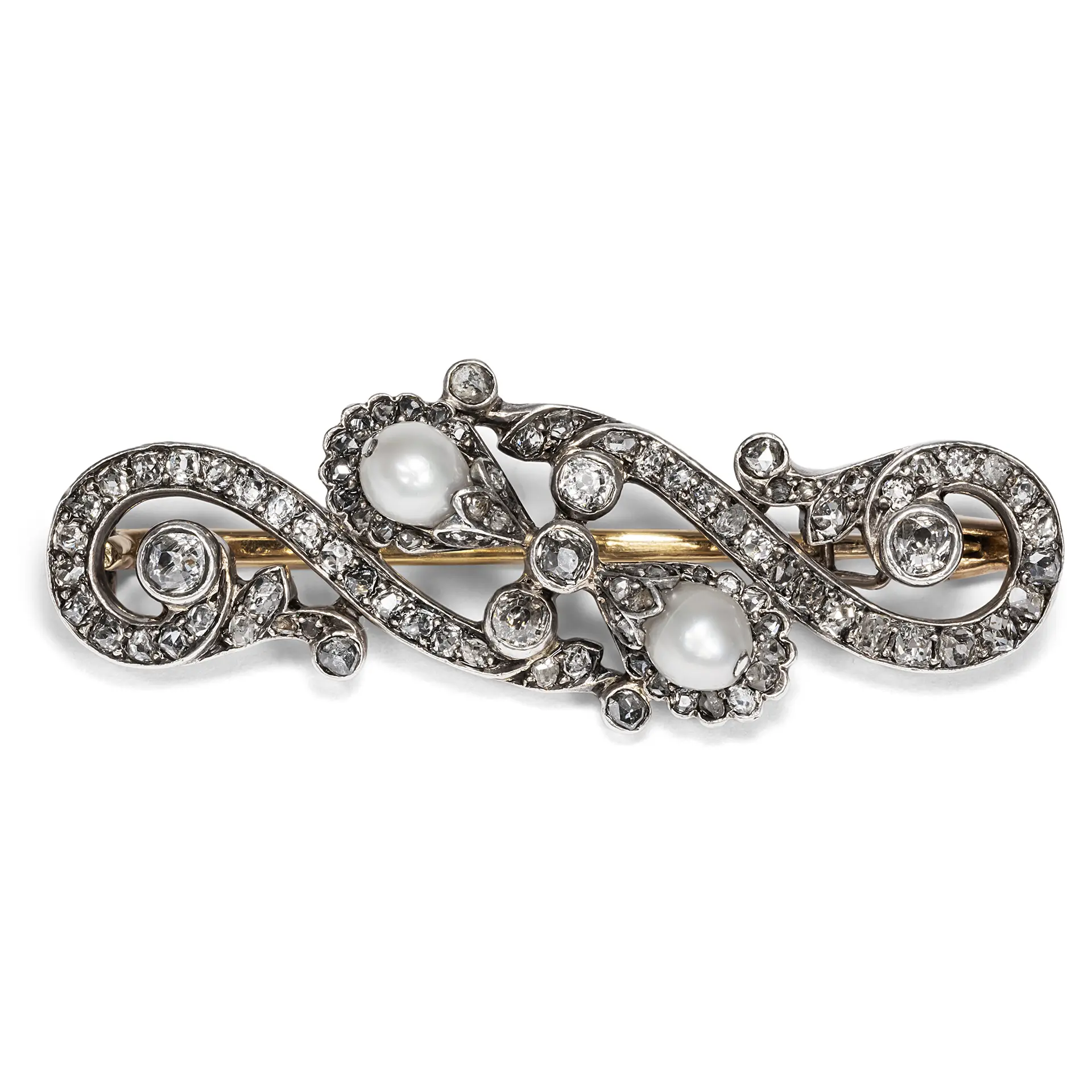 Precious Antique Brooch With Diamonds & Pearls in Silver On Gold, c. 1895