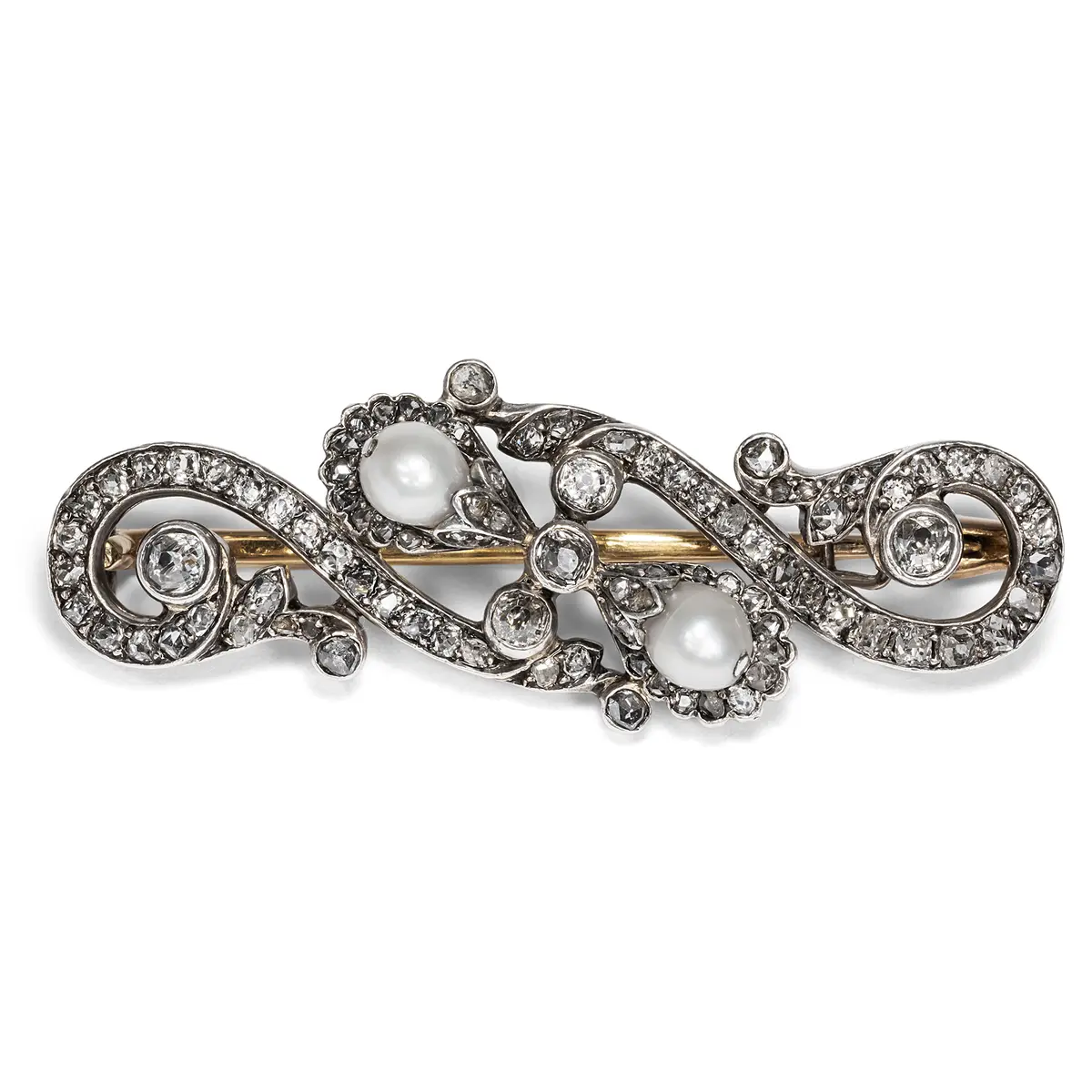 Precious Antique Brooch With Diamonds & Pearls in Silver On Gold, c. 1895