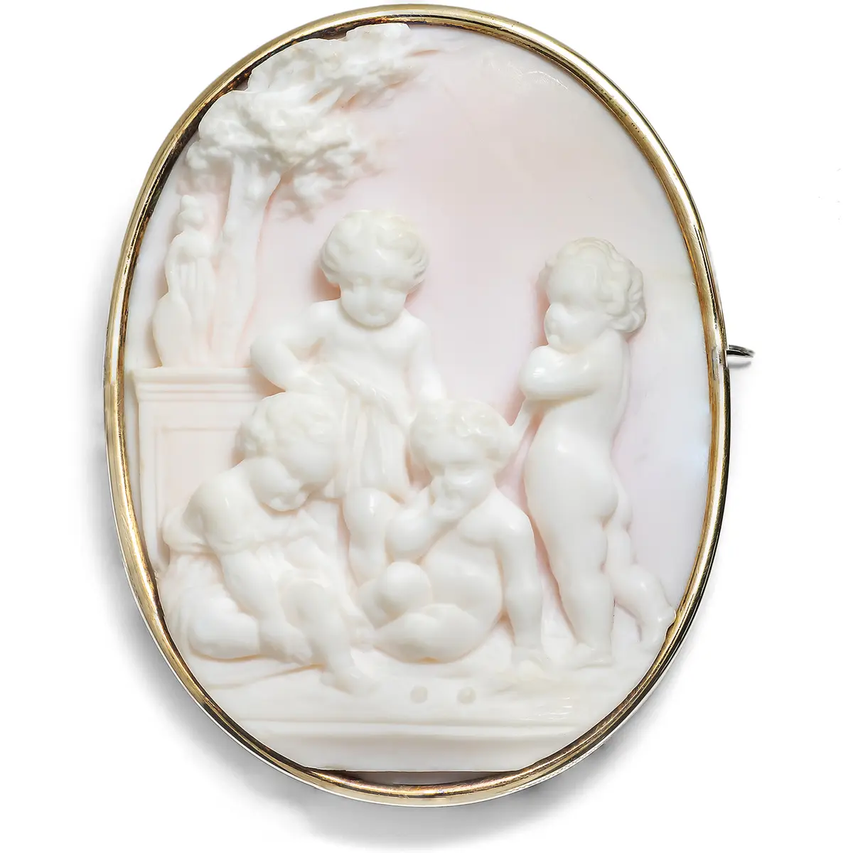 Antique Conch Shell Cameo Brooch in Gold-Plated Silver, c. 1870s