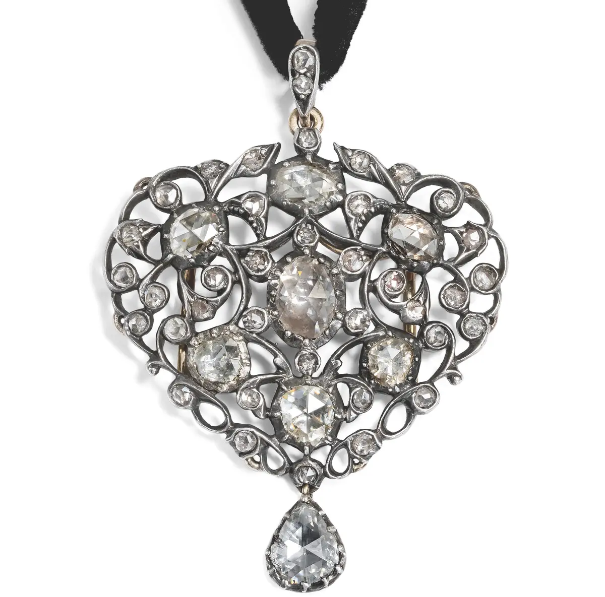Antique Rococo Style Pendant with Rose Cut Diamonds in Silver, c. 1890 & later