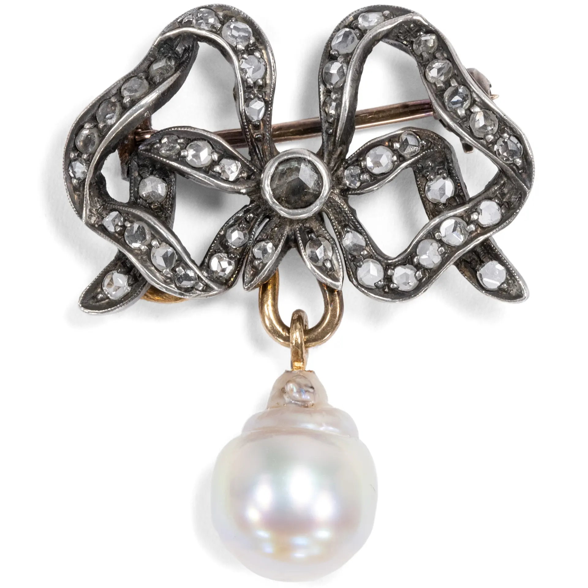 Antique Brooch in Gold & Silver With Rose Cut Diamonds, c. 1890