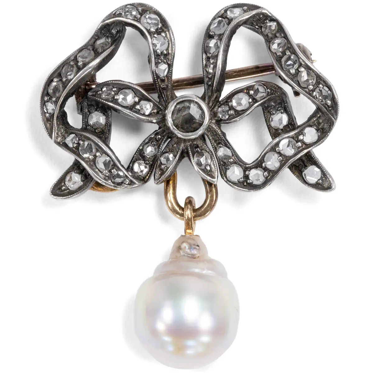 Antique Brooch in Gold & Silver With Rose Cut Diamonds, c. 1890